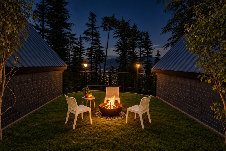 Bonfire glowing under a starlit mountain sky