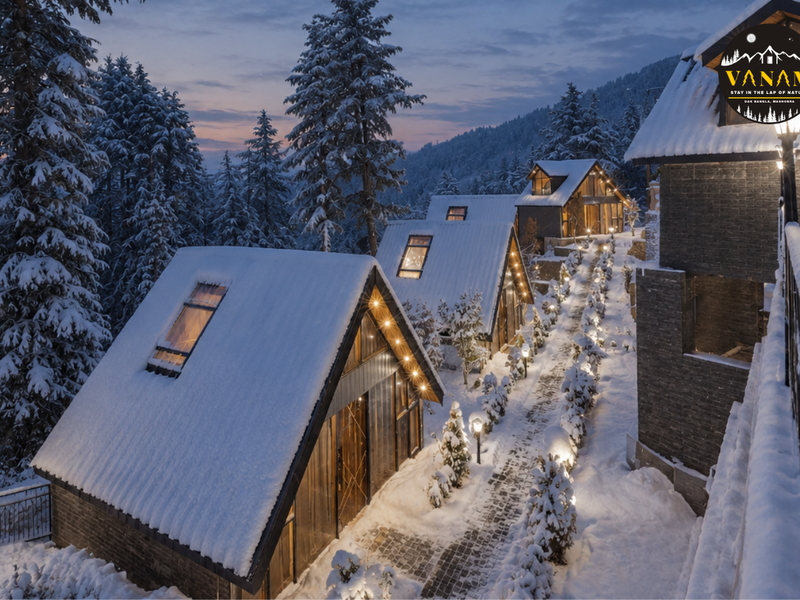 Luxury mountain cottage bedroom with wooden decor and warm lighting