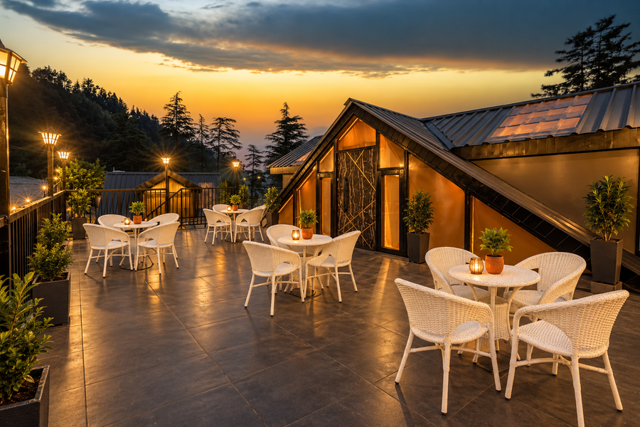 Outdoor terrace seating with mountain valley views at Vanam